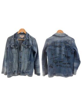 Arizona Jean Co Painted Graffiti Jean Denim Jacket Size M Life is Short Whatever